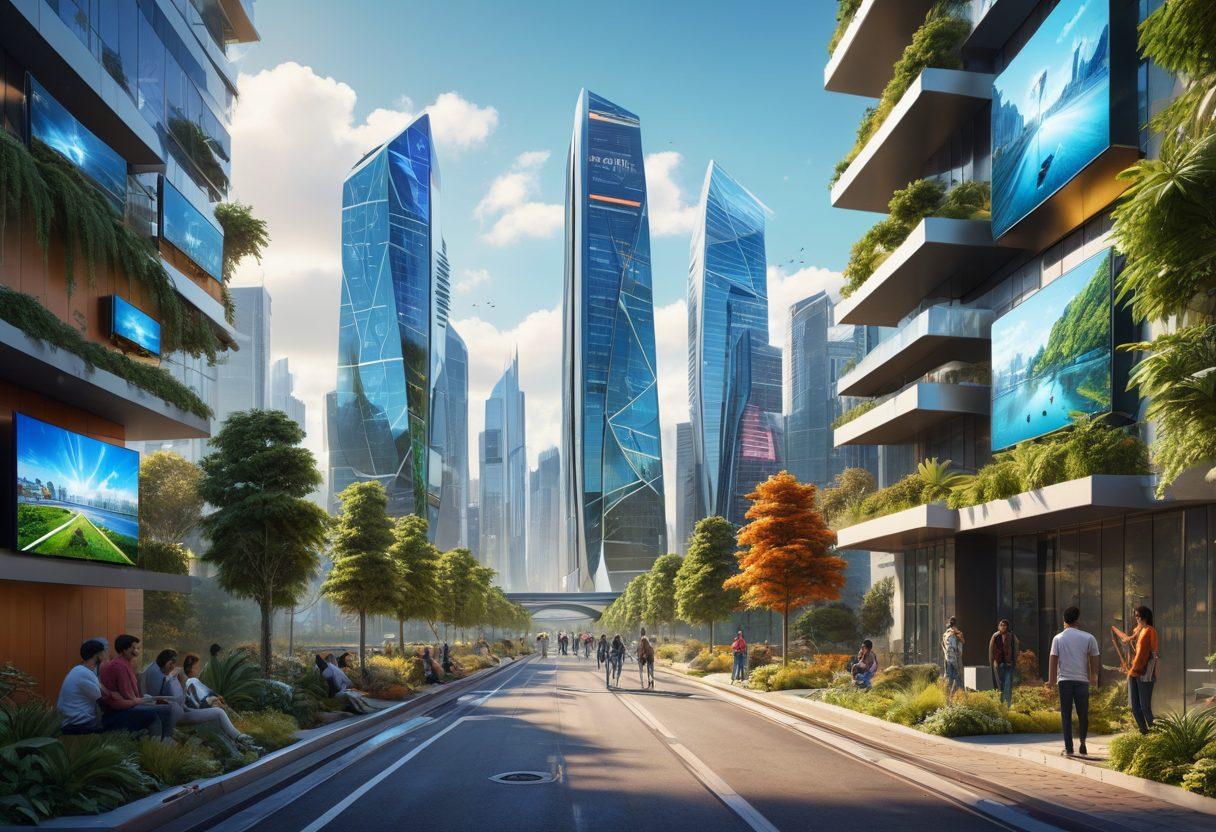 An urban setting showcasing a diverse group of tech enthusiasts engaging with the latest gadgets, surrounded by futuristic technology such as smart home devices and wearable tech. The background features a vibrant city skyline, highlighting a blend of nature and advanced technology. Bright colors and dynamic poses convey energy and innovation. super-realistic. vibrant colors. 3D.