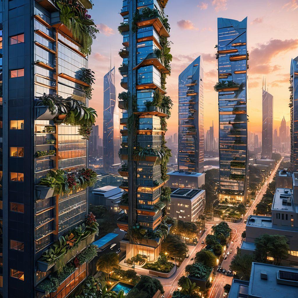 A futuristic cityscape at dawn, showcasing innovative architecture blending nature and technology. Include elements such as vertical gardens on skyscrapers, solar panels, and advanced transportation like drones and electric vehicles. The sky transitions from warm hues of orange to cool blue, symbolizing progress. Showcase diverse people interacting harmoniously with technology. 3D render. vibrant colors.